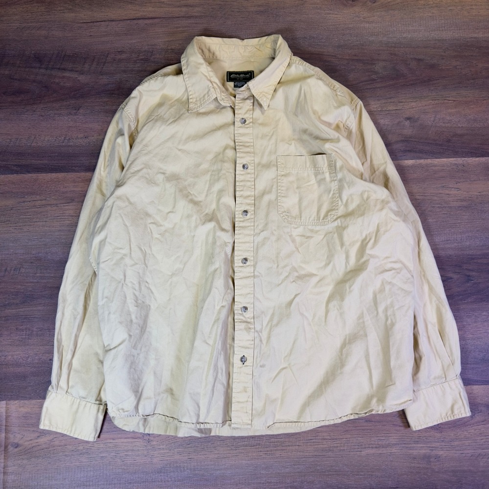 Eddie Bauer Mens XXL Vintage Y2K Green Tag Cotton Button Down Shirt Tan 1084
